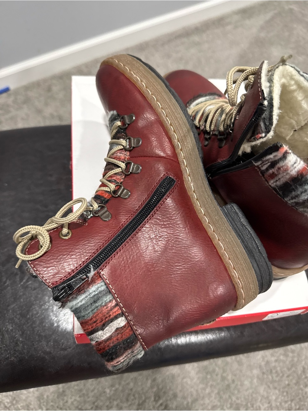 Rieker Burgundy Leather Lace-Up Ankle Boots with Striped Knit Collar - Picture 5 of 9